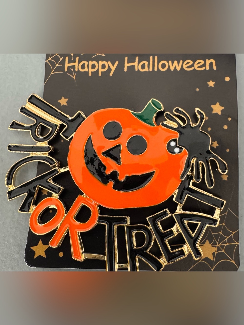 Halloween Trick or Treat Pumpkin Pin - Orange and Black Lg seasonal gold tone